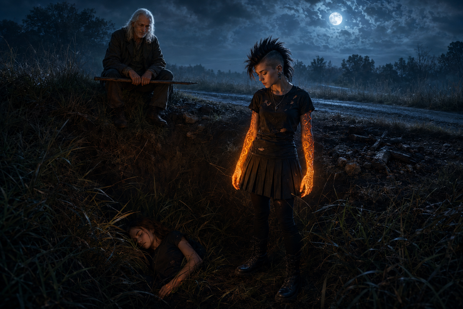 Punk-rock Share Girl with a dark mohawk and living flames along both arms standing over unconscious Amber in a grassy ditch while Simon watches