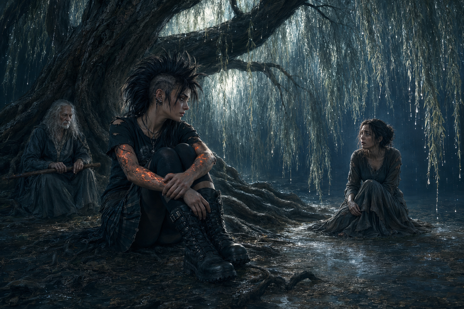 An exhausted Share Girl with dim embers along her arms looking toward a frightened Veronica beneath the sheltering Weeping Willow as Simon sits nearby