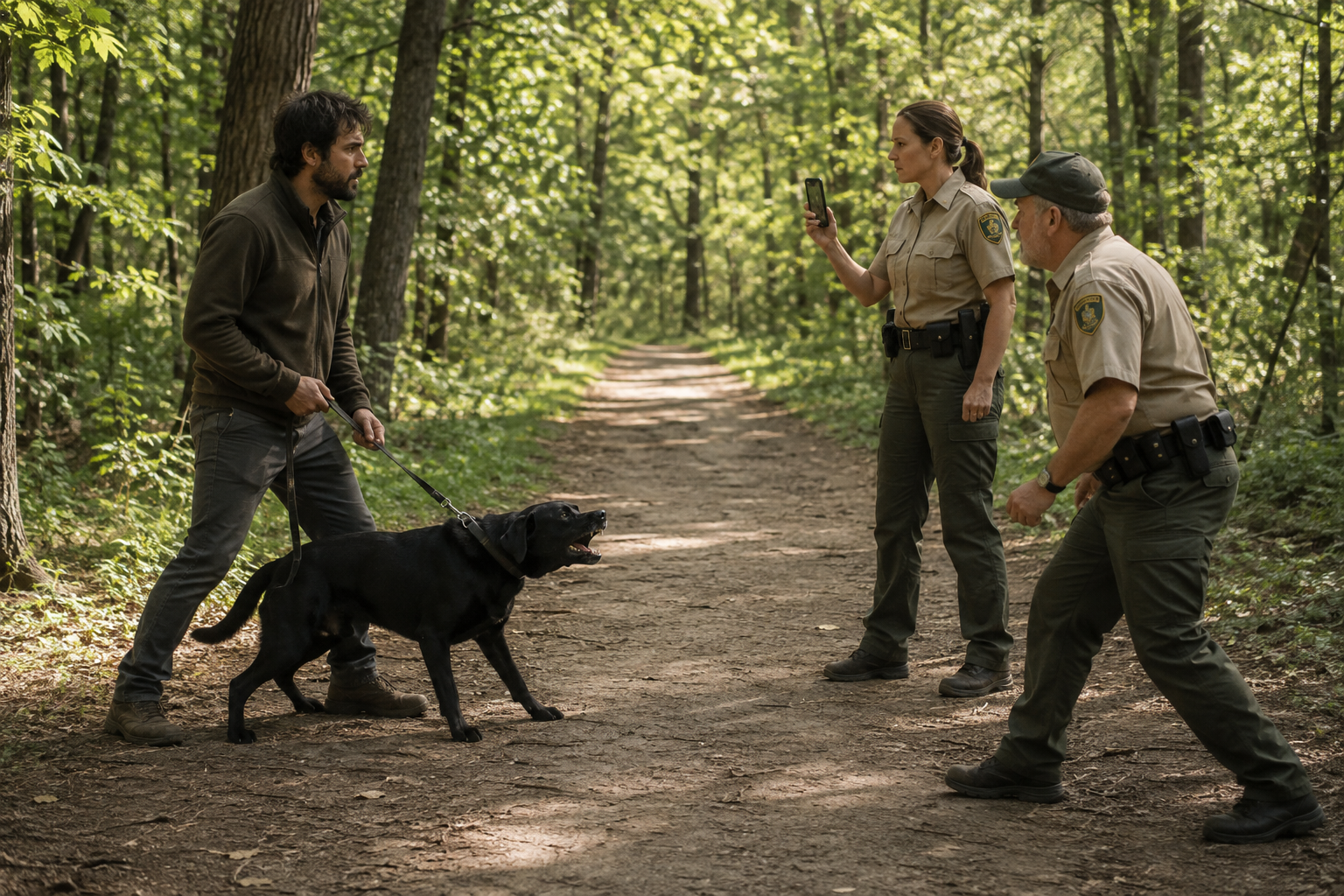 Bodhi holding Sasha’s leash on a wooded park trail as a female park ranger photographs him and a second ranger closes in