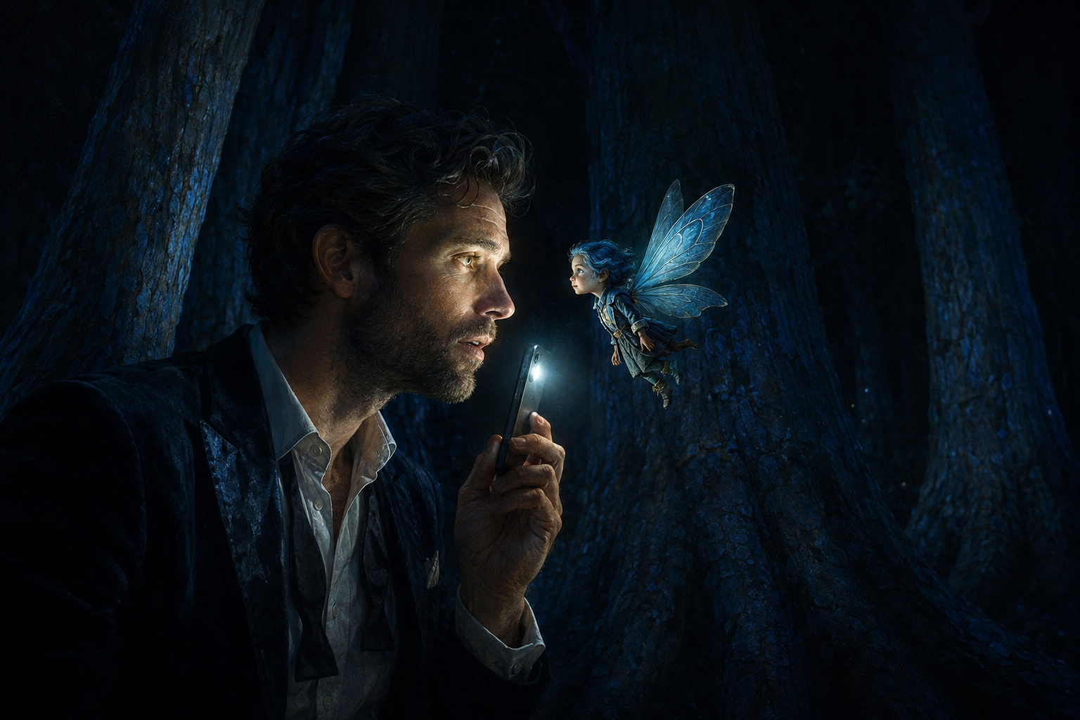 Grant and a tiny blue-haired fairy studying each other by the light of his phone in a dark forest of towering blue trees