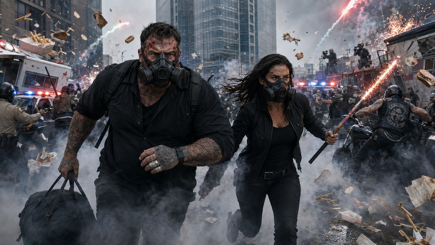 Gene and Kristy Lee charging through tear gas, fireworks, bikers, police, and flying food toward Ted Polmey’s glass tower in downtown Paradise