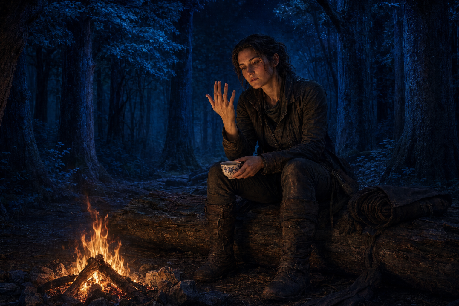 Sloane sitting on a fallen tree beside a campfire, holding a chipped teacup and studying the back of her hand before it begins to change