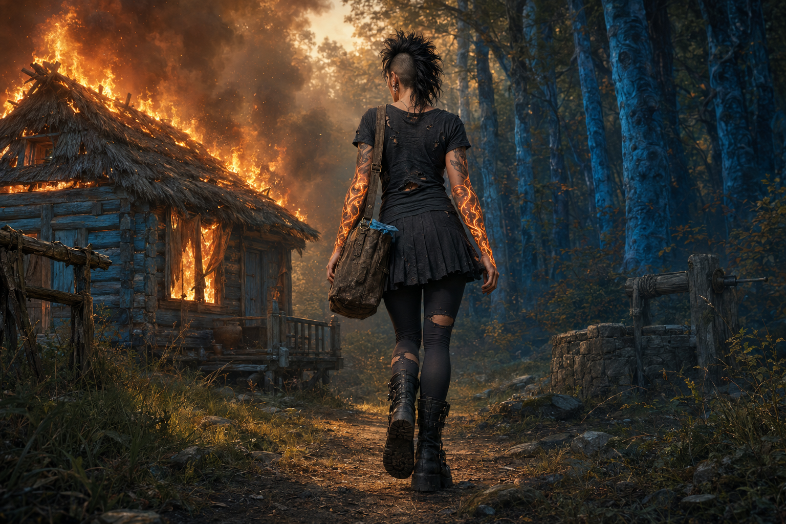Share Girl walking toward the Blue Tree Forest without looking back as the Sanctuary burns behind her beside the stone well