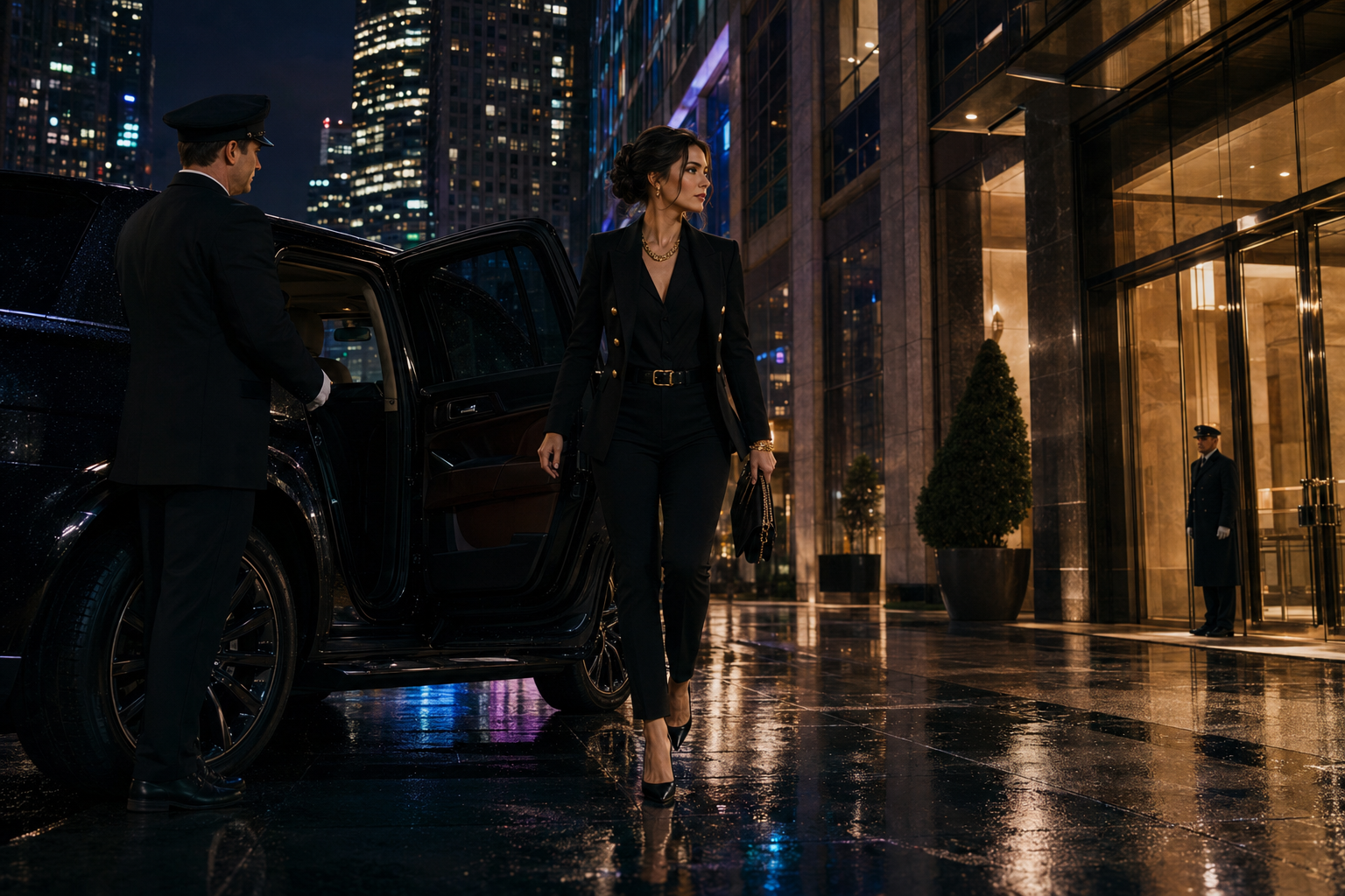 An elegantly dressed Tess stepping out of a black luxury SUV toward her illuminated high-rise apartment after rain