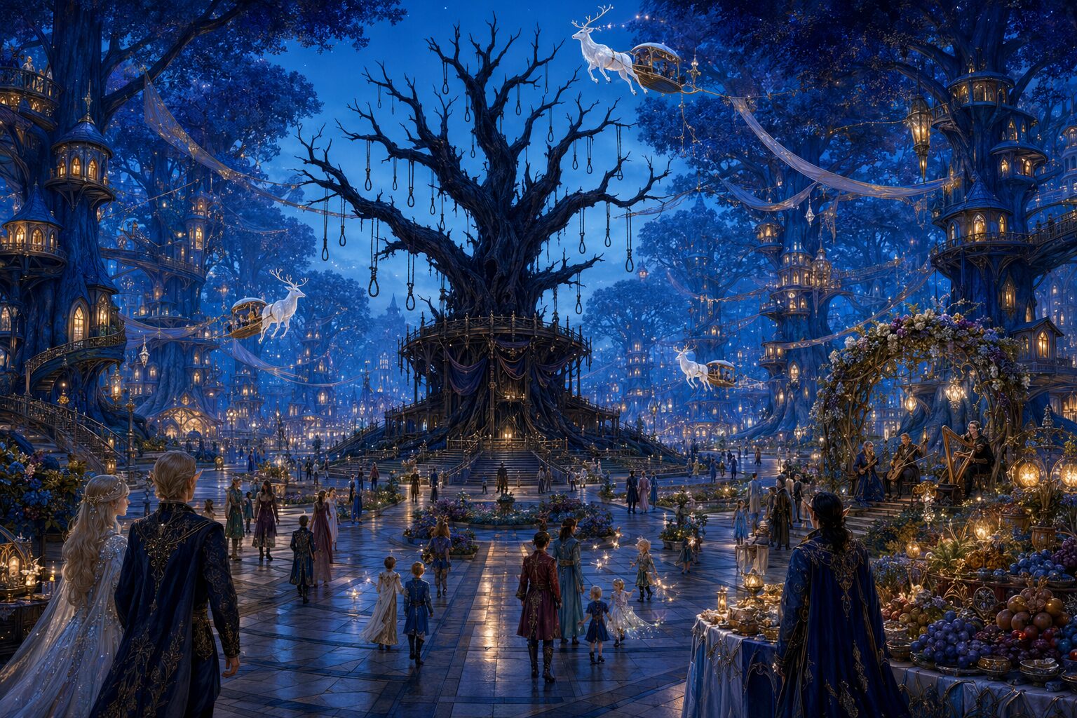 The fairies’ magnificent blue-and-amber royal city surrounding an enormous dead black tree hung with waiting ropes