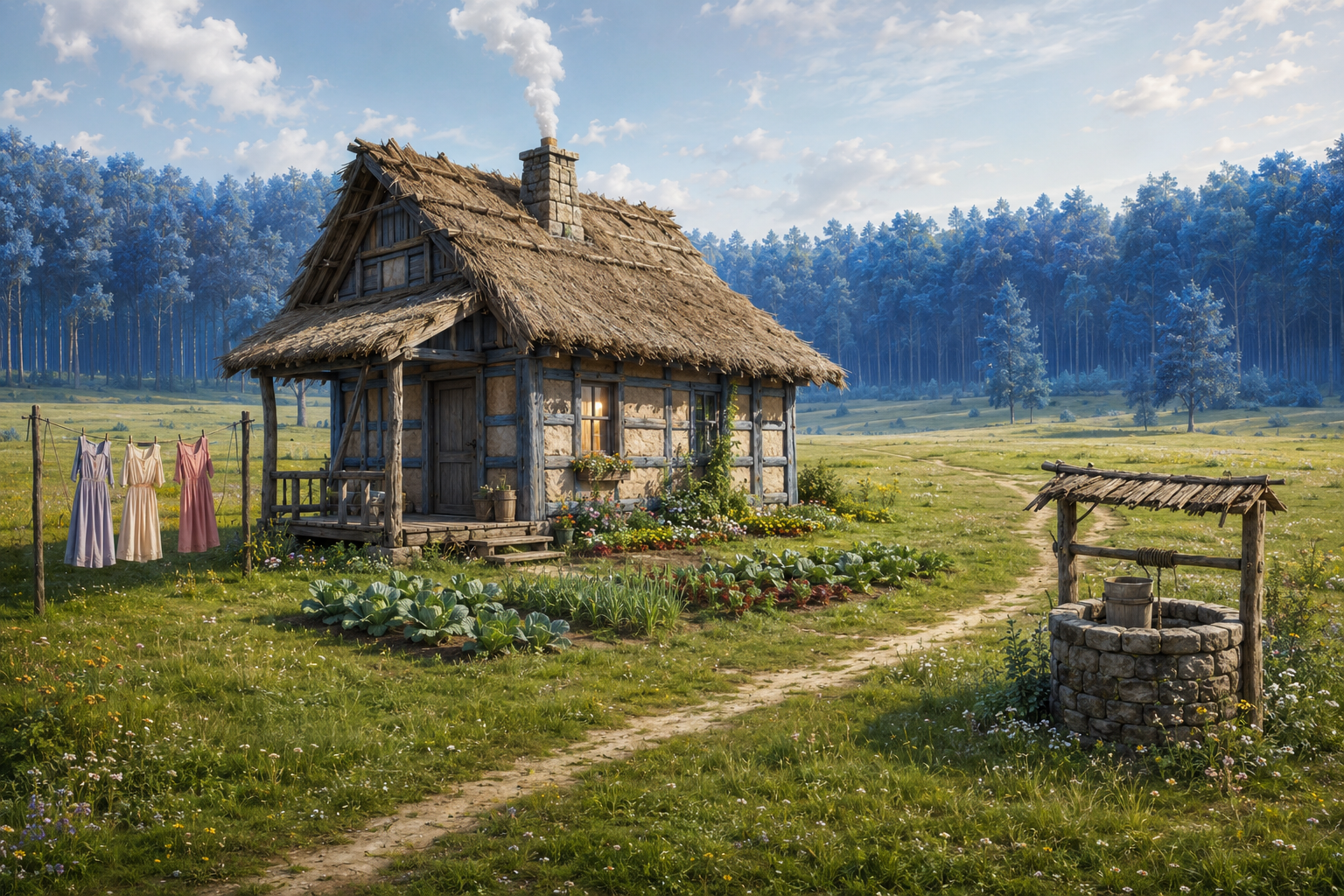 A small blue-log cottage with a thatched roof and smoking chimney in a sunny clearing, with a stone well, garden, and clothesline nearby