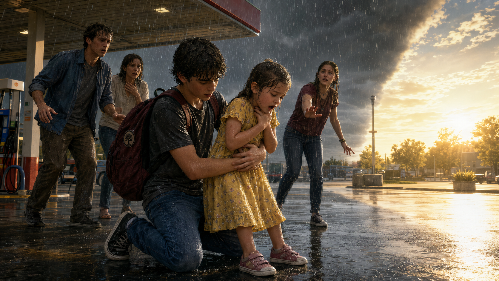 Tomas saving a choking child outside a gas station while an impossible wall of rain cuts across the parking lot