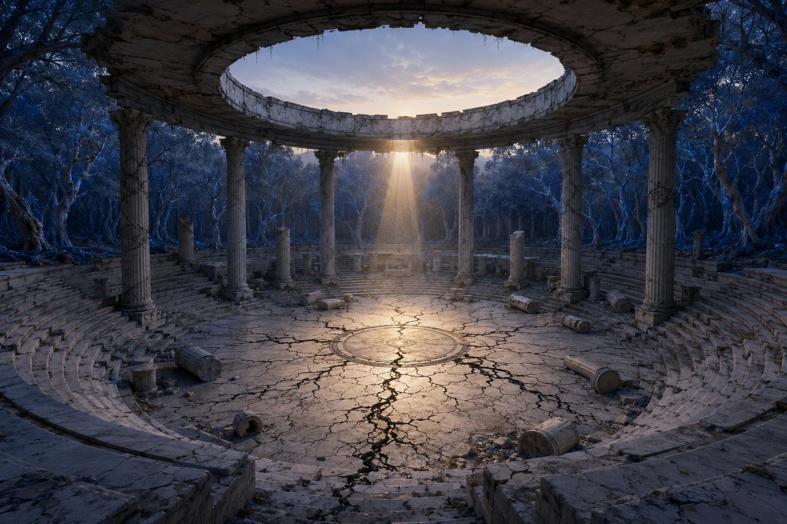 An immense ruined marble amphitheater ringed by the Blue Tree Forest, with black cracks across its circular stage and dawn light falling through a perfect opening overhead