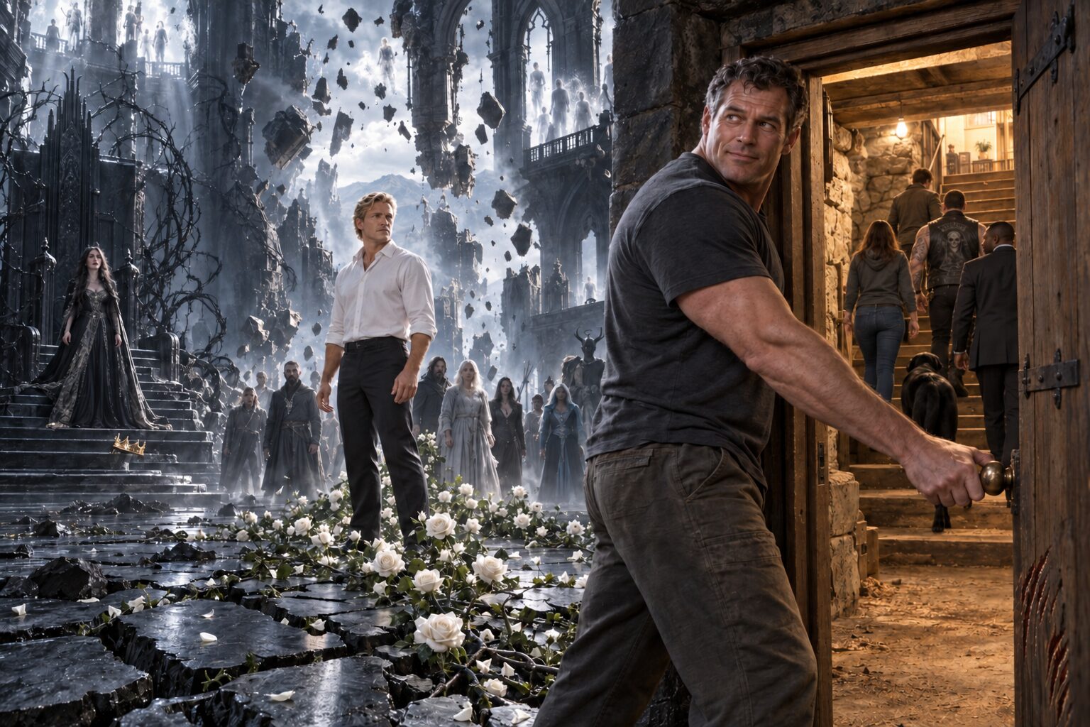 Dan holds a wooden door open to the Farm as his friends and Sasha escape, while blond-haired John stands among white roses in the collapsing castle