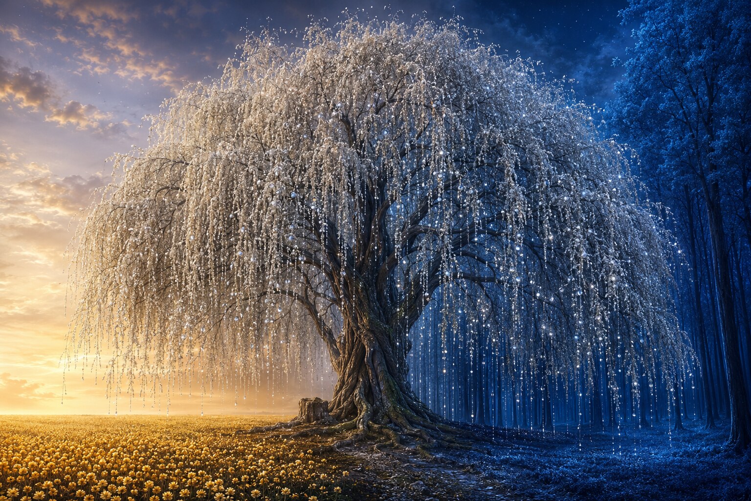 A towering silver-blossomed weeping willow shedding luminous tears between a golden flower field and a dark blue forest