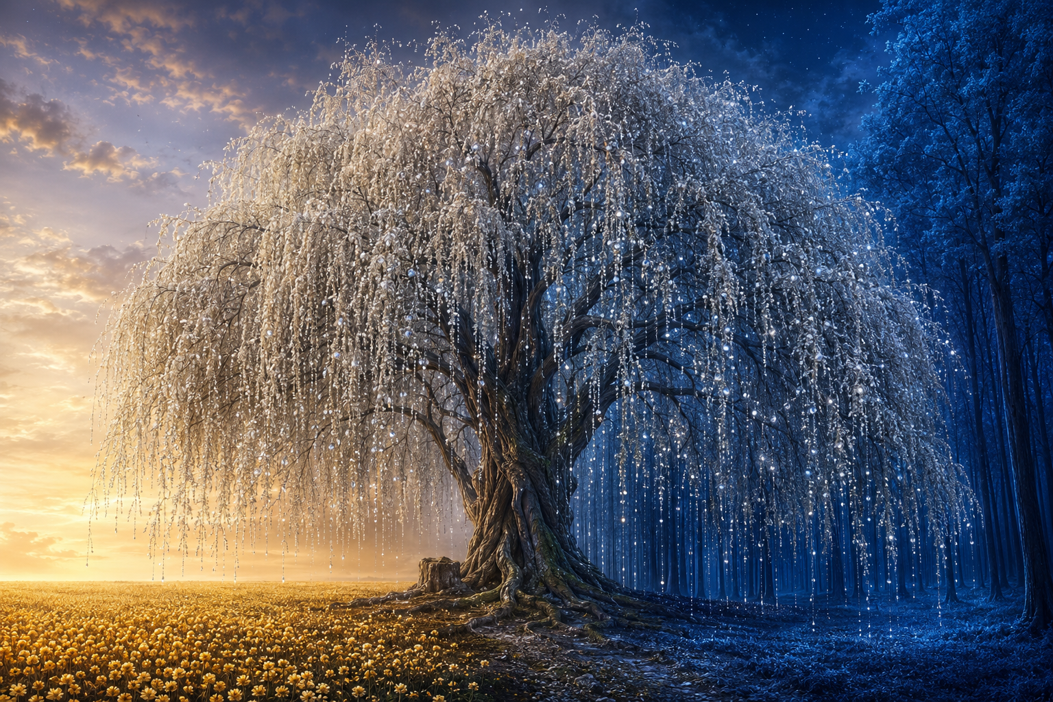 A towering silver-blossomed weeping willow shedding luminous tears between a golden flower field and a dark blue forest