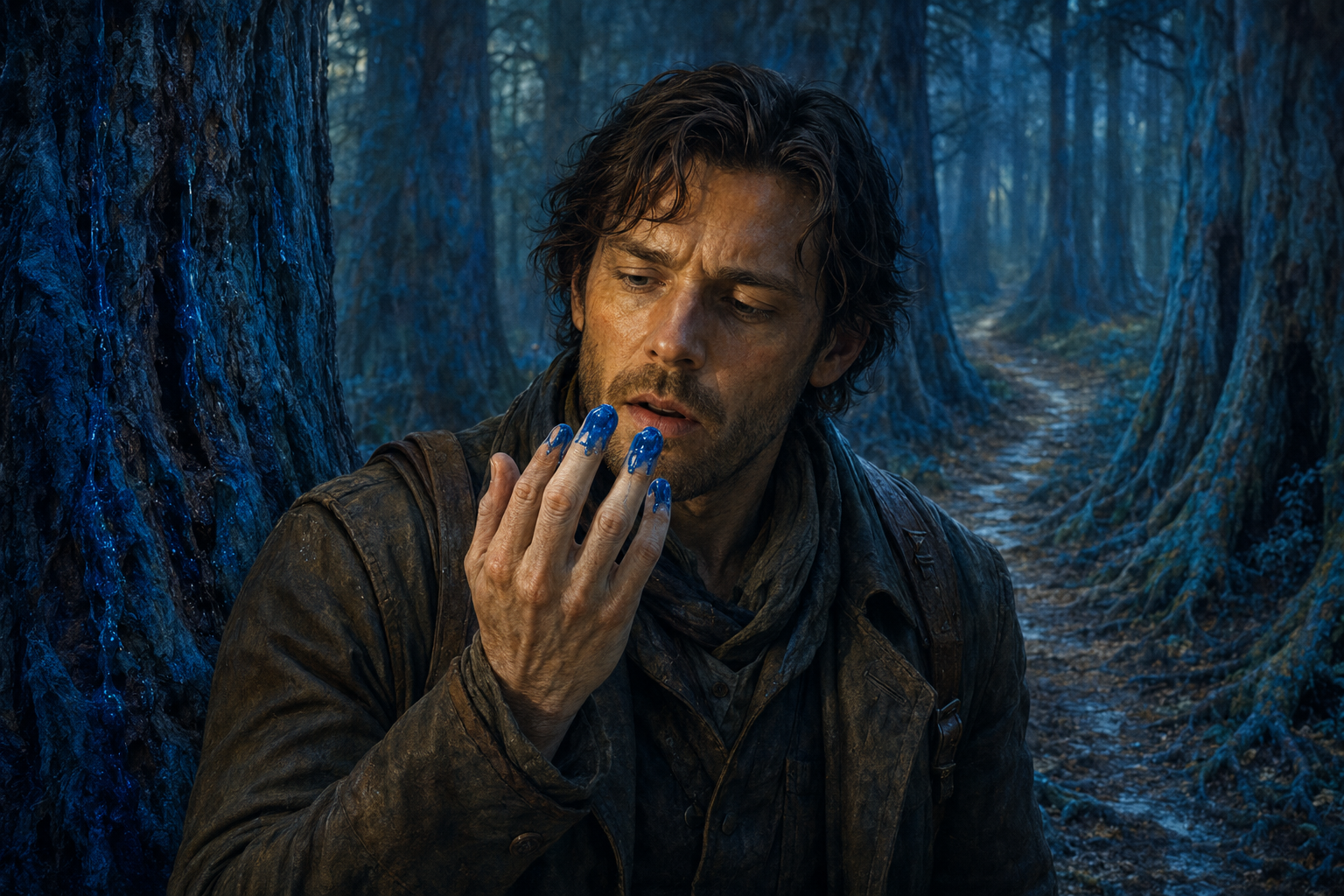 Clint staring at vivid blue sap on his fingertips as he begins to raise them toward his mouth on a path through the Blue Tree Forest