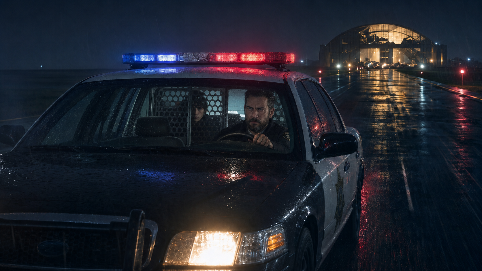 An injured Tomas sitting alone behind the cage in the back of Sheriff Rook’s patrol car as the airport recedes behind him