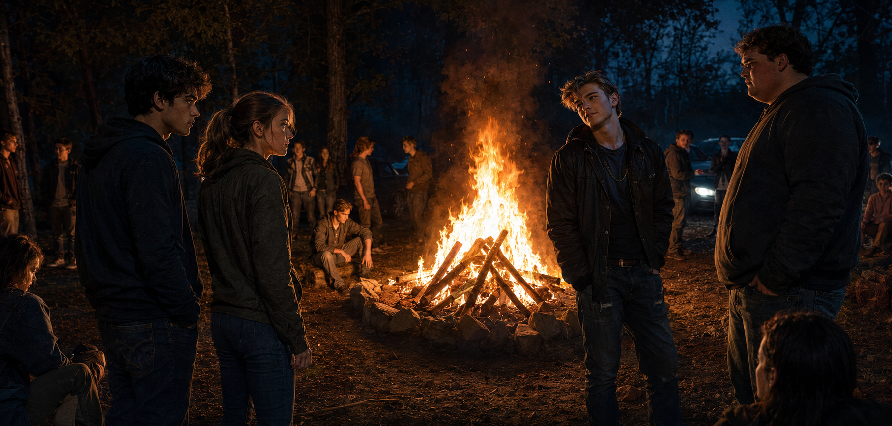 Tomas, Courtney, Bryce, Riker, and other students gathered around a large bonfire in a wooded clearing at night