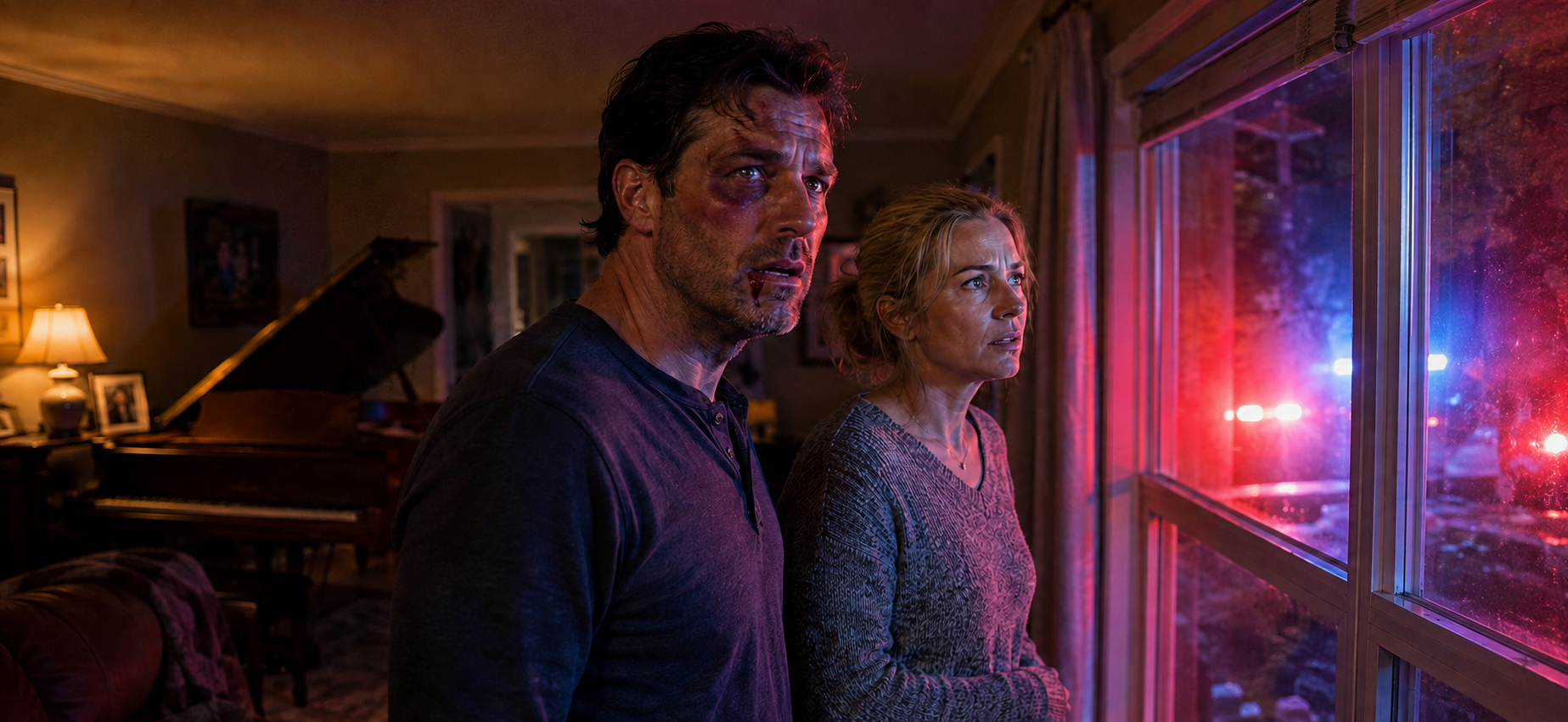Bodhi and blonde-haired Francine looking out the living-room window as red and blue emergency lights wash over them, with the piano behind them