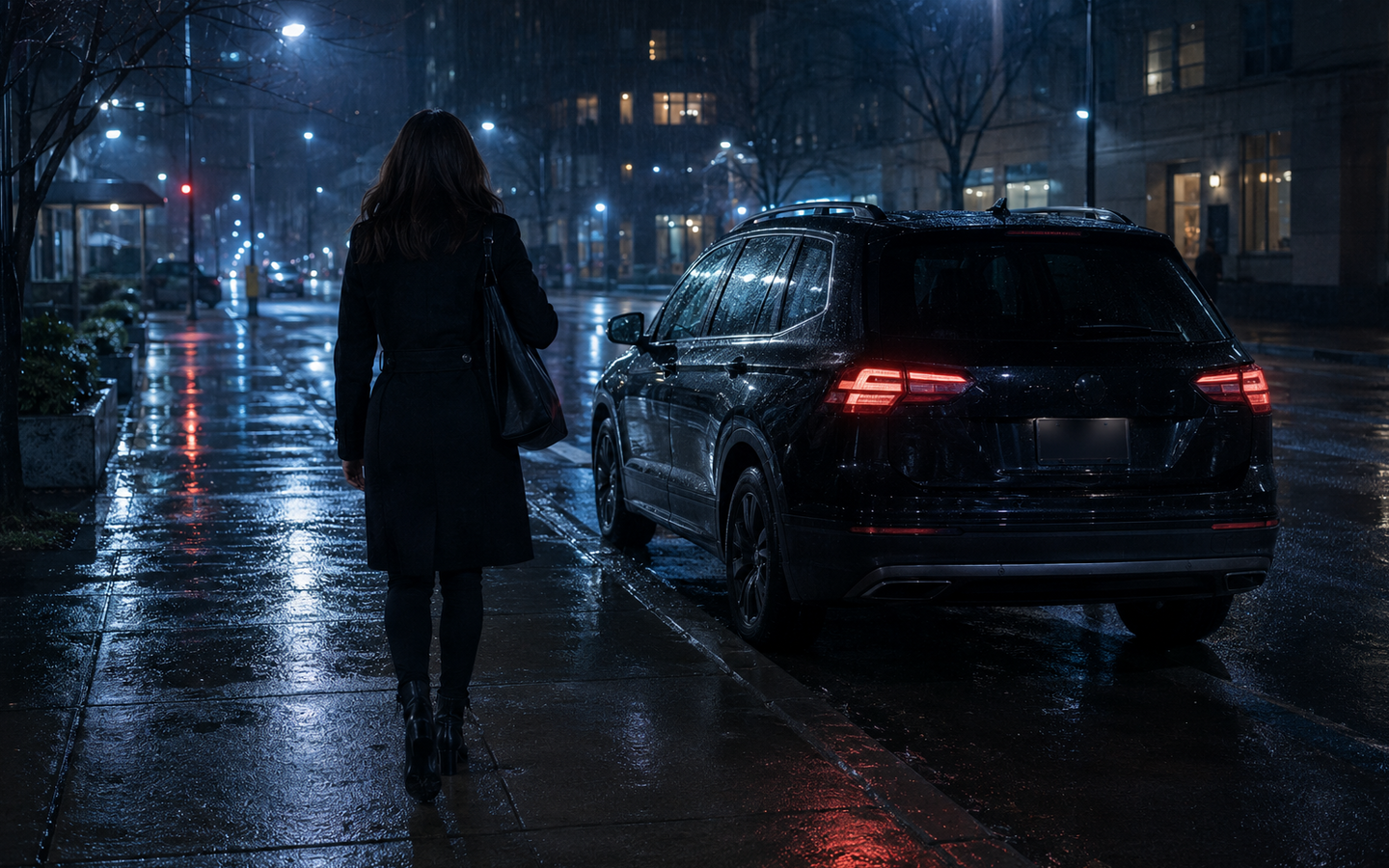 A woman approaching a rideshare SUV on a rain-darkened street