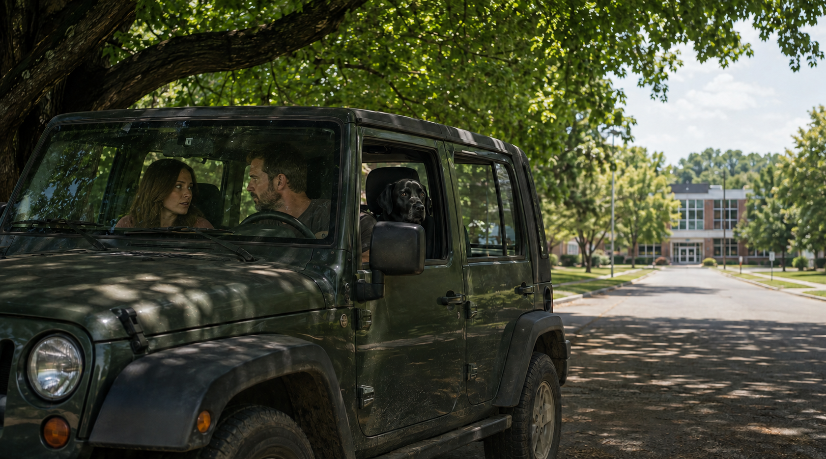 Bodhi and Jessica talking face-to-face inside his Jeep beneath a leafy tree while Sasha sits in the back seat and the school stands down the street