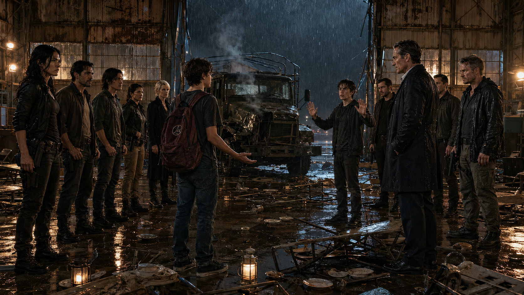 Kay and her armed crew facing Kincaid, Soren, and their men across the hangar while Tomas and Bryce stand unarmed between them