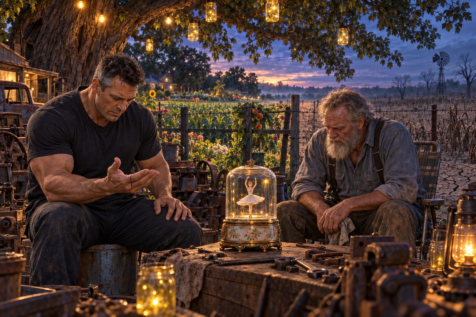 Dan studies a cut across his palm as an exhausted Henry sits beside a restored ballerina music box between a flourishing garden and a dead field