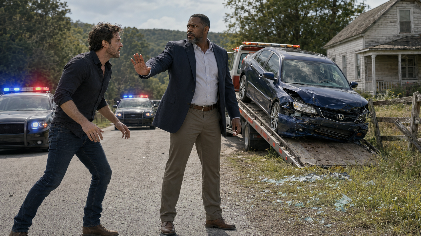 Sergeant Henderson holding Bodhi back from Rachel’s wrecked car at a rural crash site with police cars and a tow truck