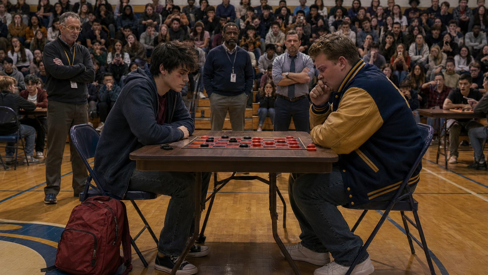 Tomas and Bryce facing each other over a checkerboard in the school gym as students and teachers watch from the bleachers