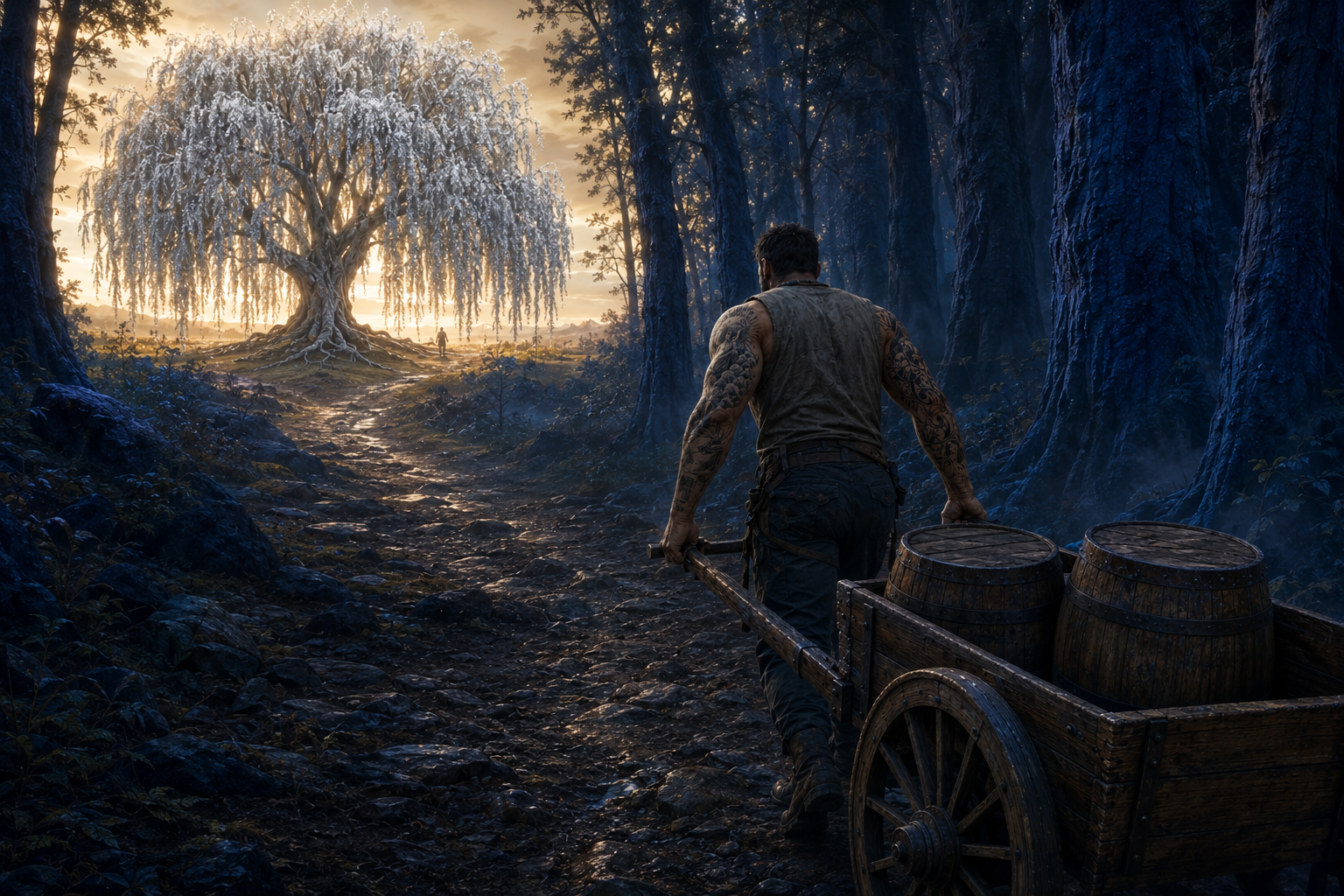 A tattooed Limbo pulling a two-barrel wagon as five travelers follow him into the towering Blue Tree Forest