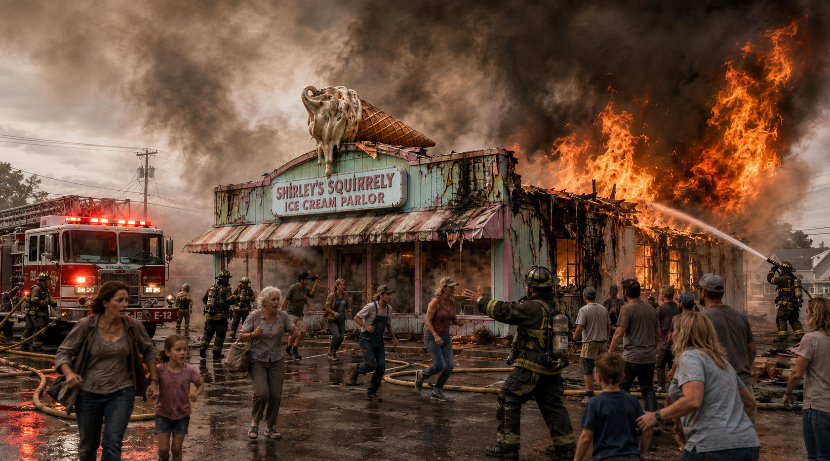 Shirley’s Squirrely Ice Cream Parlor burning as firefighters battle the blaze and townspeople flee through the chaotic parking lot