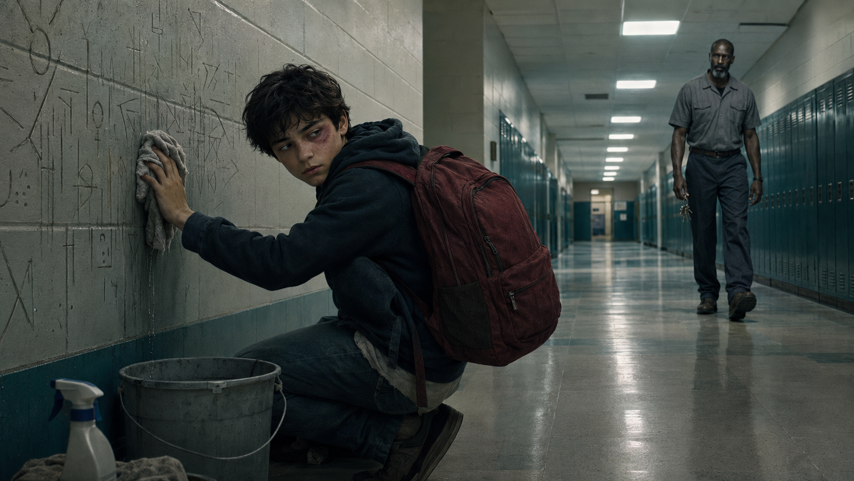 Tomas cleaning strange graffiti from a school hallway wall as the custodian walks toward him