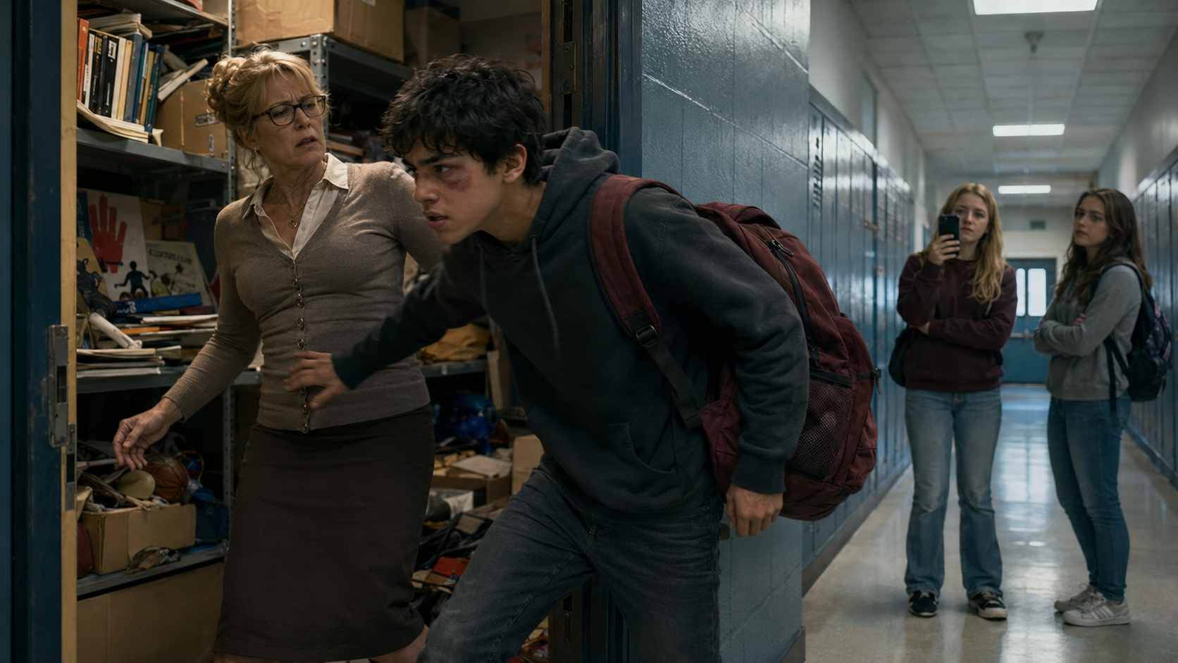 Tomas pushing past a teacher as he leaves a school storage closet with Red while two girls watch from the hallway