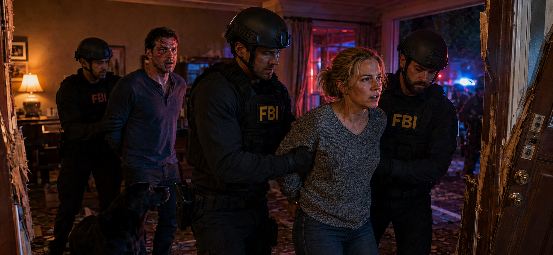 Blonde-haired Francine being led in handcuffs through Bodhi’s broken front door by FBI agents while a battered Bodhi and Sasha watch from inside